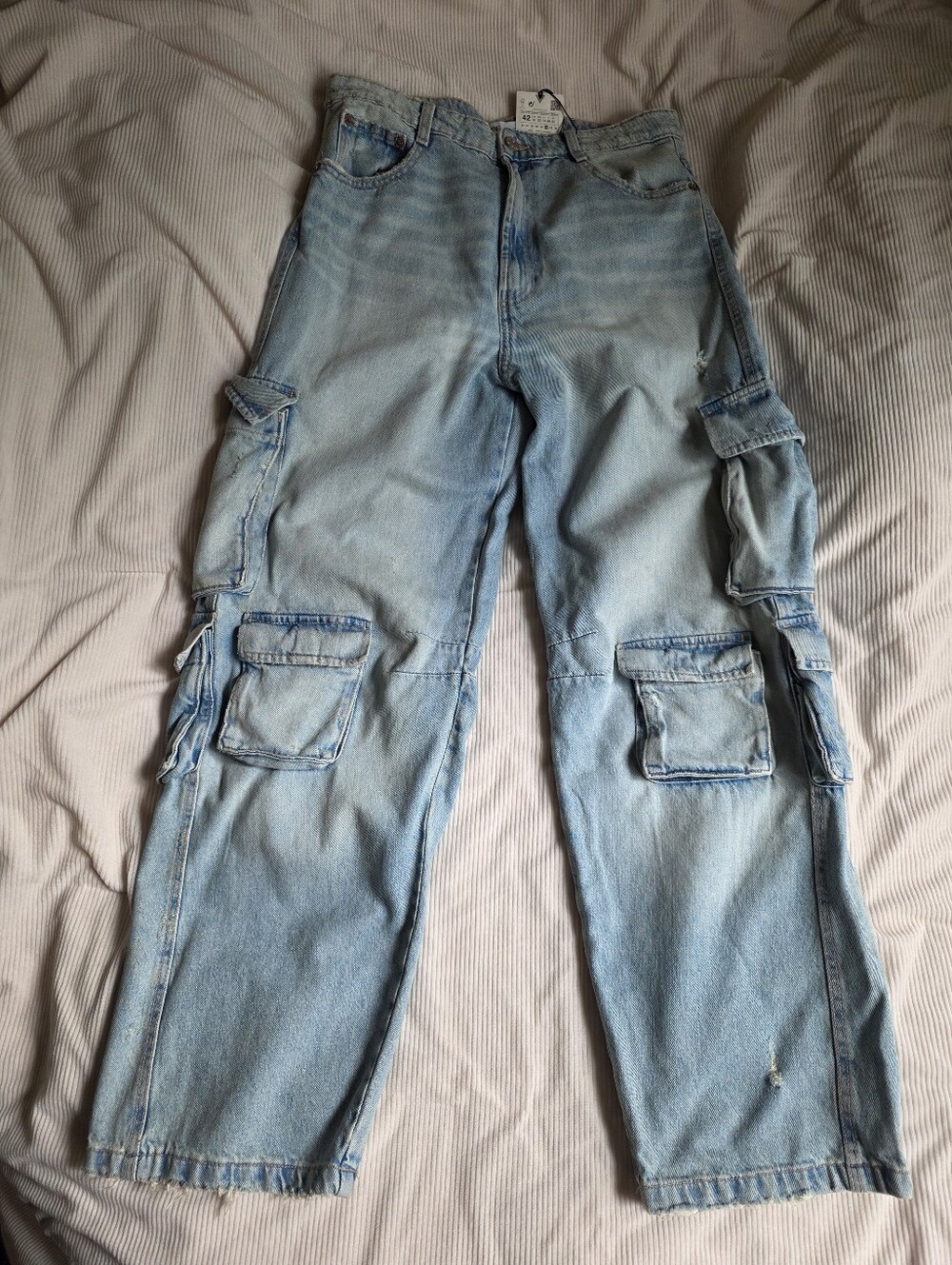 zara denim cargo bellow pockets denim pants wide legs Sz 10 Nwt Light Denim Blue